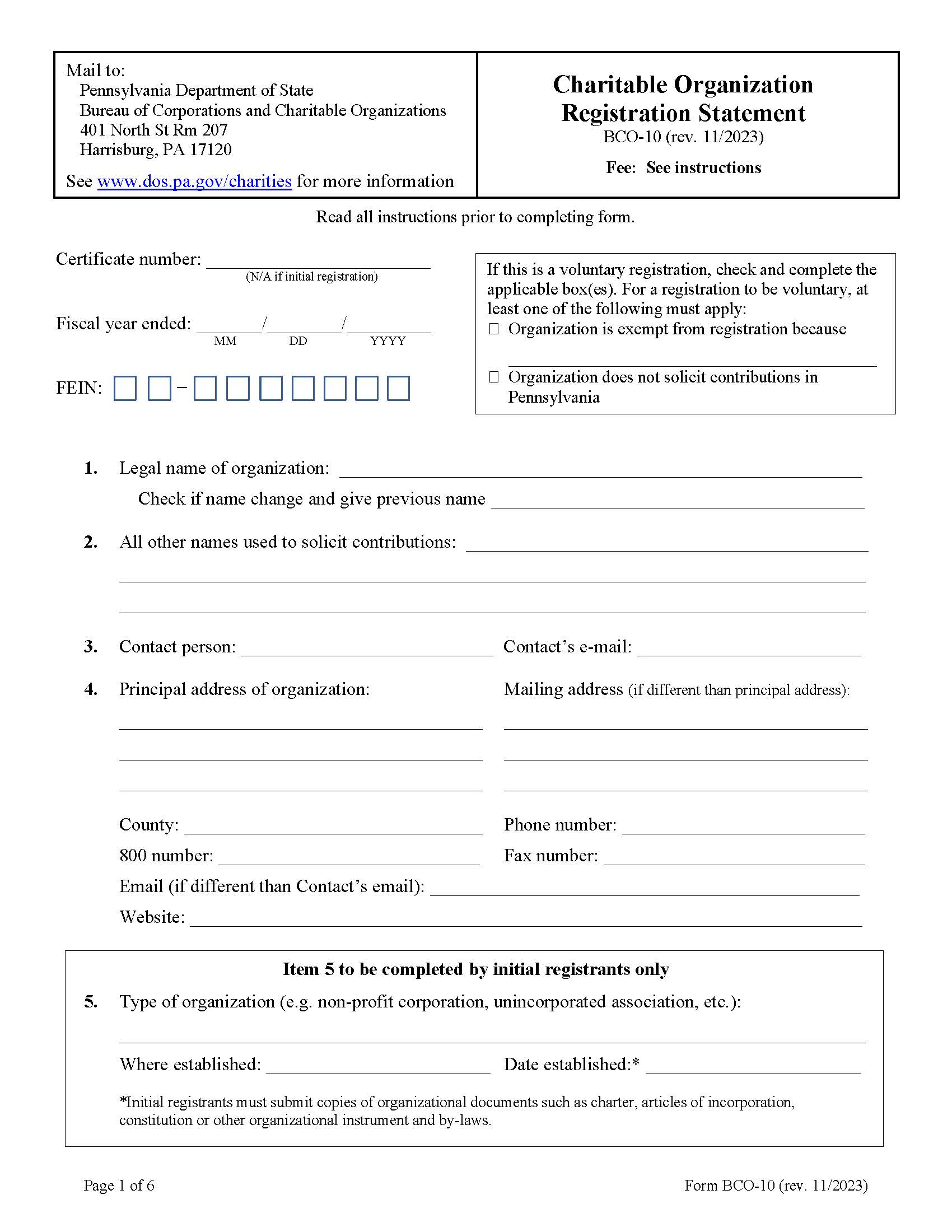 Charitable Organization Registration Statement {BCO-10} | Pdf Fpdf Doc Docx | Pennsylvania