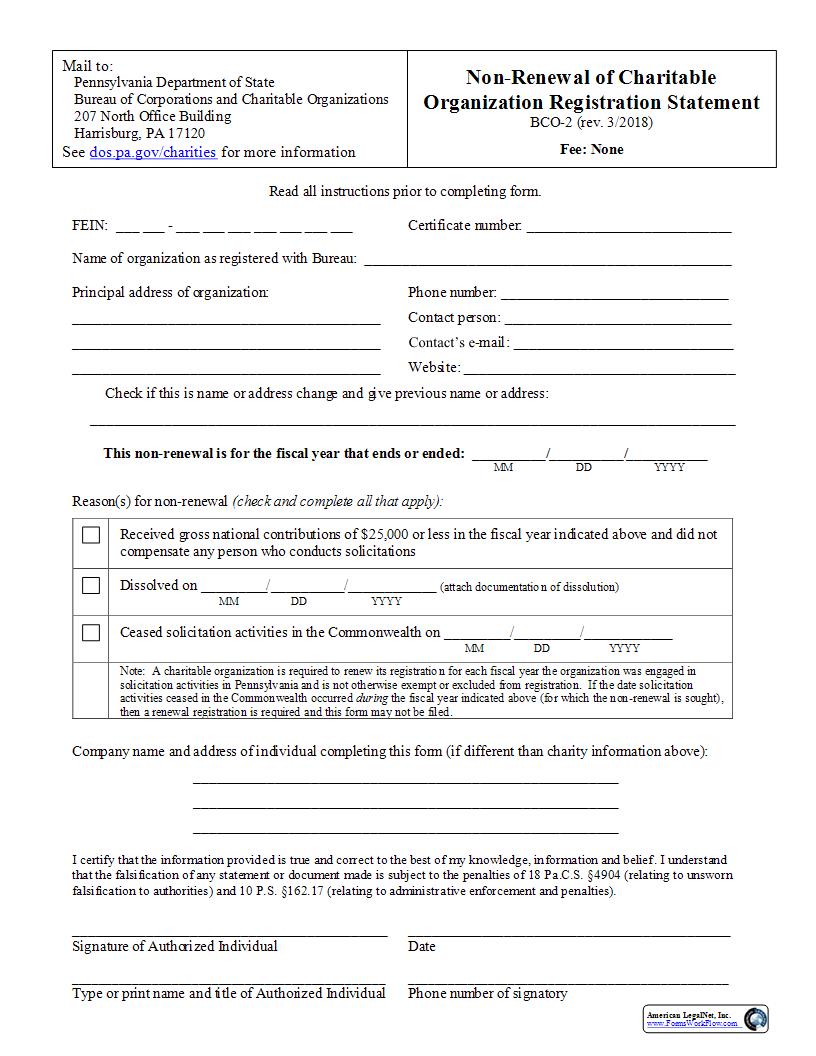 Non-Renewal Of Charitable Organization Registration Statement {BCO-2} | Pdf Fpdf Docx | Pennsylvania