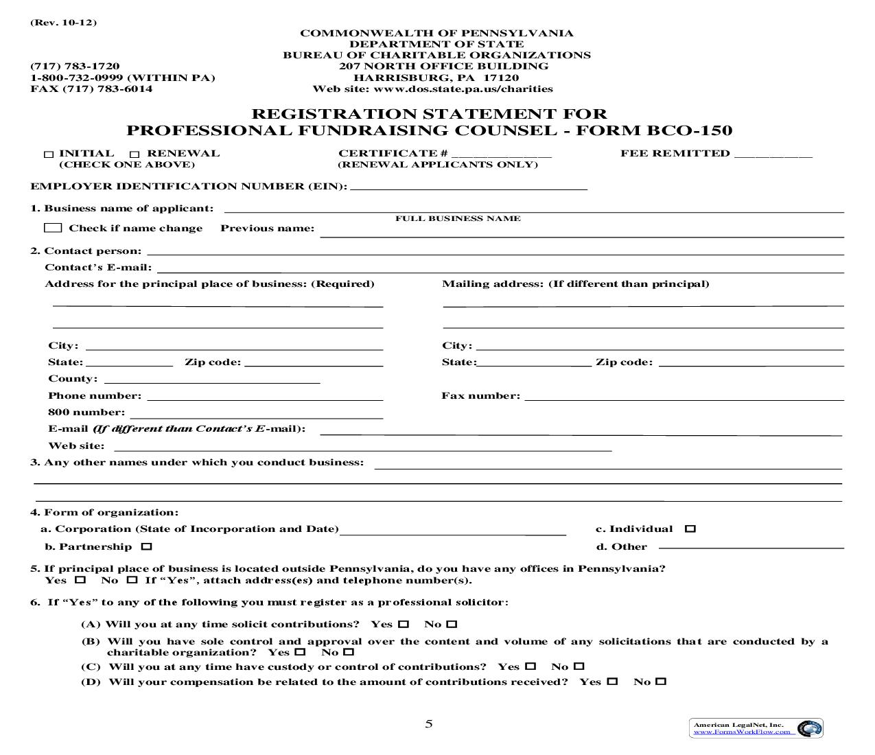 Registration Statement For Professional Fundraising Counsel {BCO-150} | Pdf Fpdf Doc Docx | Pennsylvania