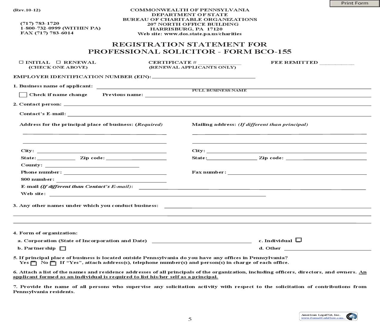 Registration Statement For Professional Solicitor {BCO-155} | Pdf Fpdf Doc Docx | Pennsylvania