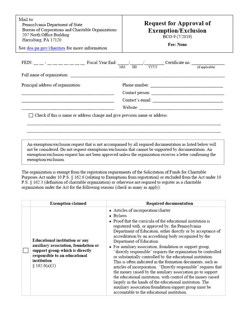 Request For Approval Of Exemption Or Exclusion {BCO-9} | Pdf Fpdf Docx | Pennsylvania
