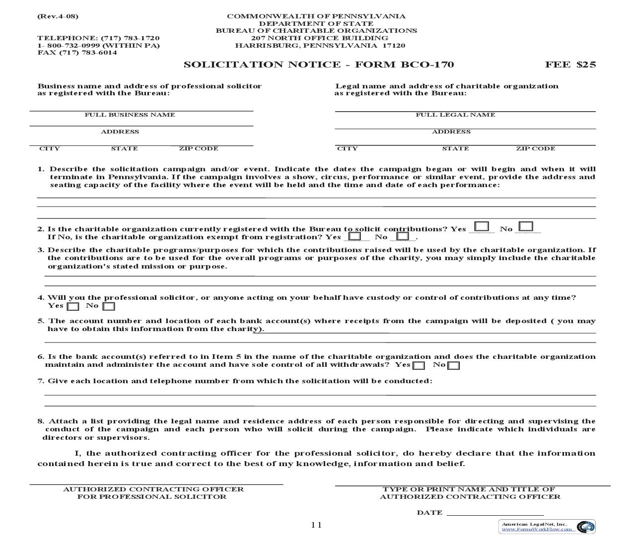 Solicitation Notice {BCO-170} | Pdf Fpdf Doc Docx | Pennsylvania