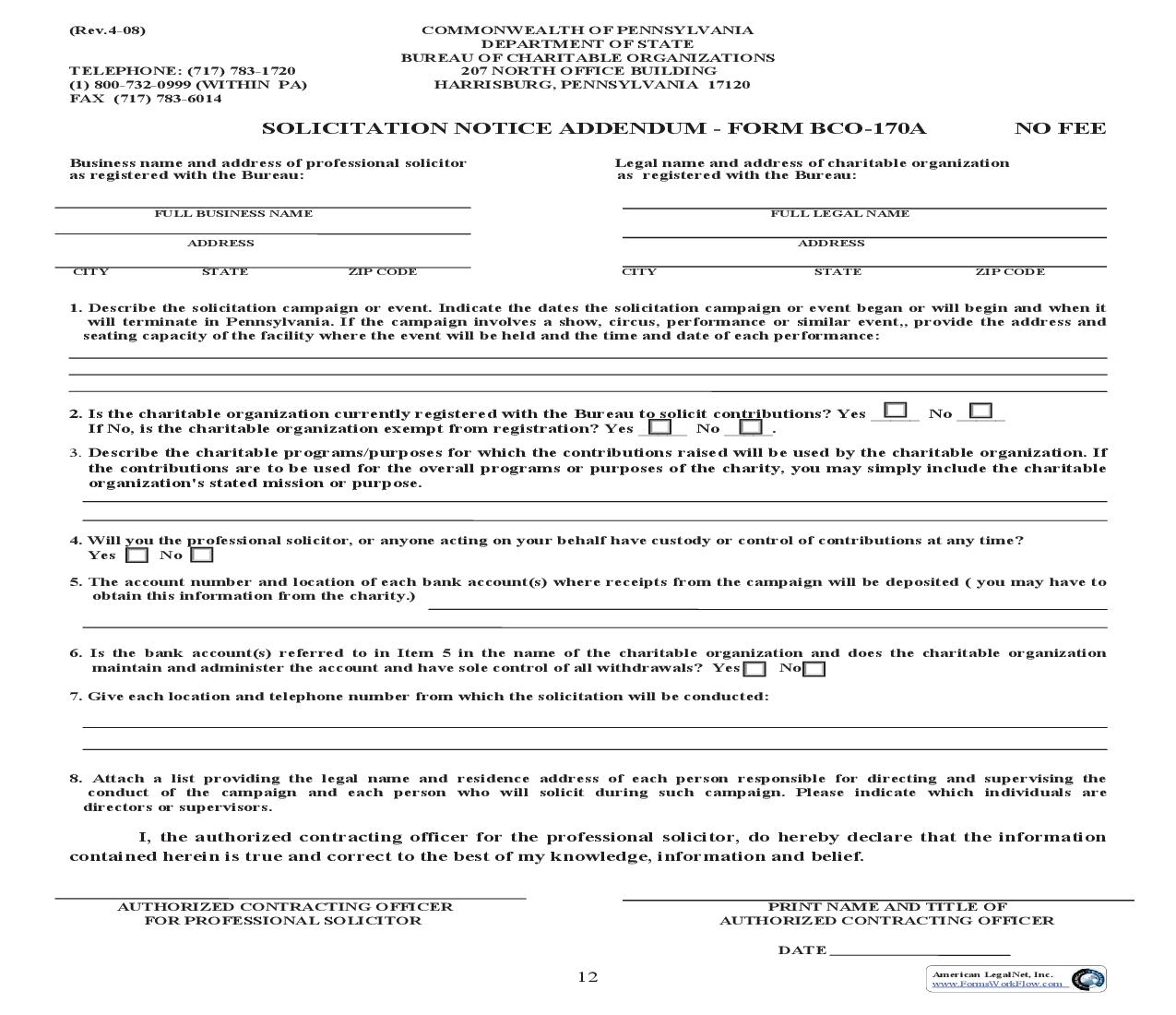 Solicitation Notice Addendum {BCO-170A} | Pdf Fpdf Doc Docx | Pennsylvania