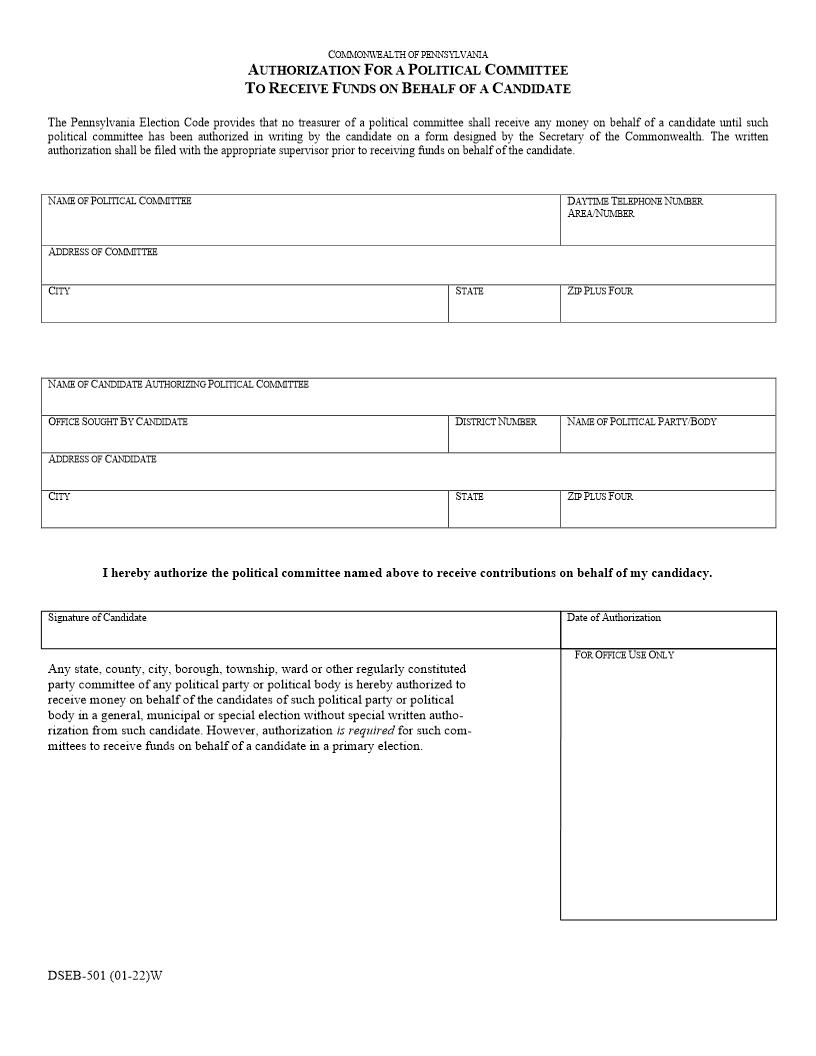 Authorization For A Political Committee To Receive Funds For Candidate | Pdf Fpdf Doc Docx | Pennsylvania