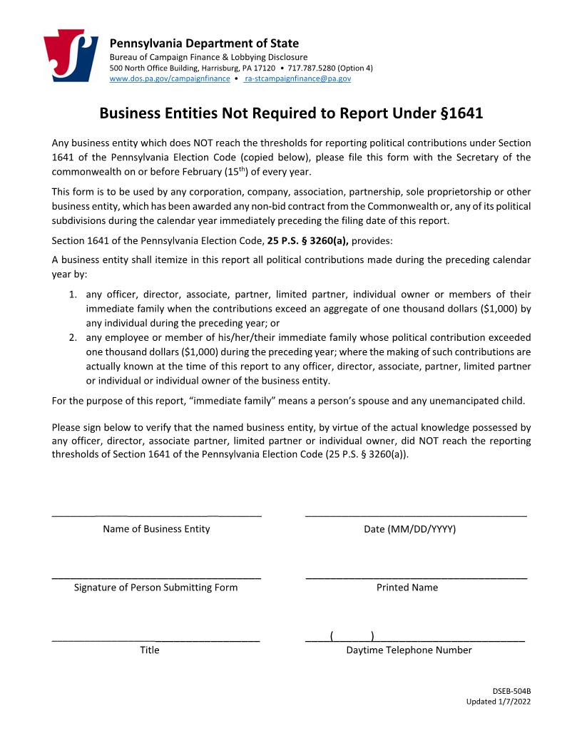 Business Enitities Not Required To Report Under Section 1641 | Pdf Fpdf Doc Docx | Pennsylvania