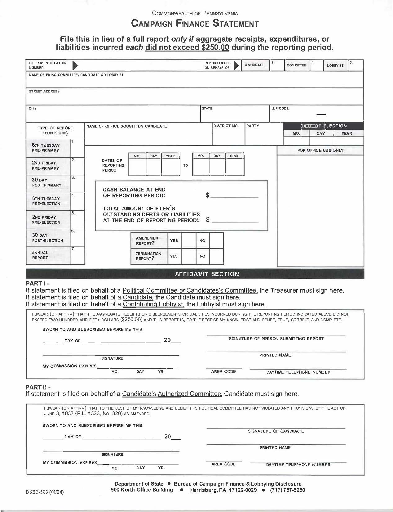 Campaign Finance Statement | Pdf Fpdf Doc Docx | Pennsylvania