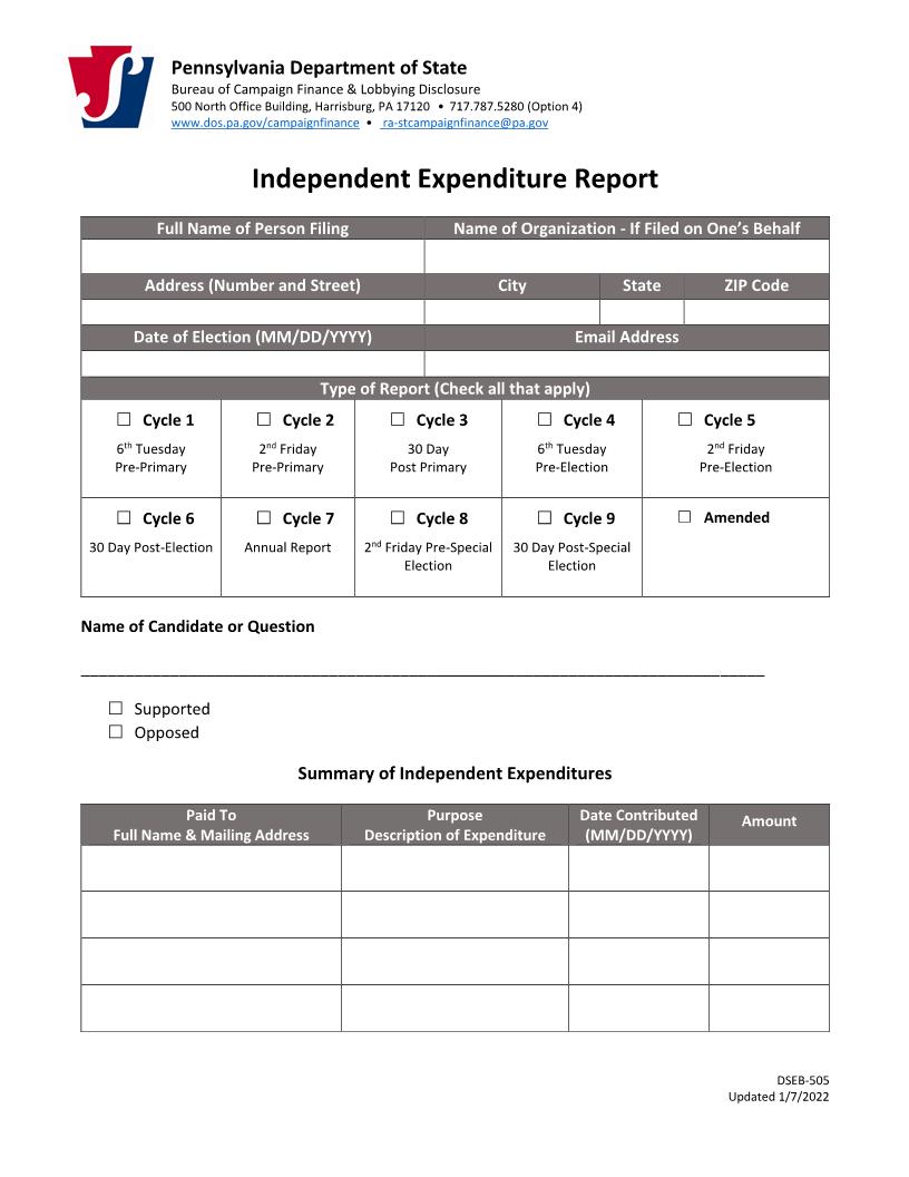 Independent Expenditure Report | Pdf Fpdf Docx | Pennsylvania