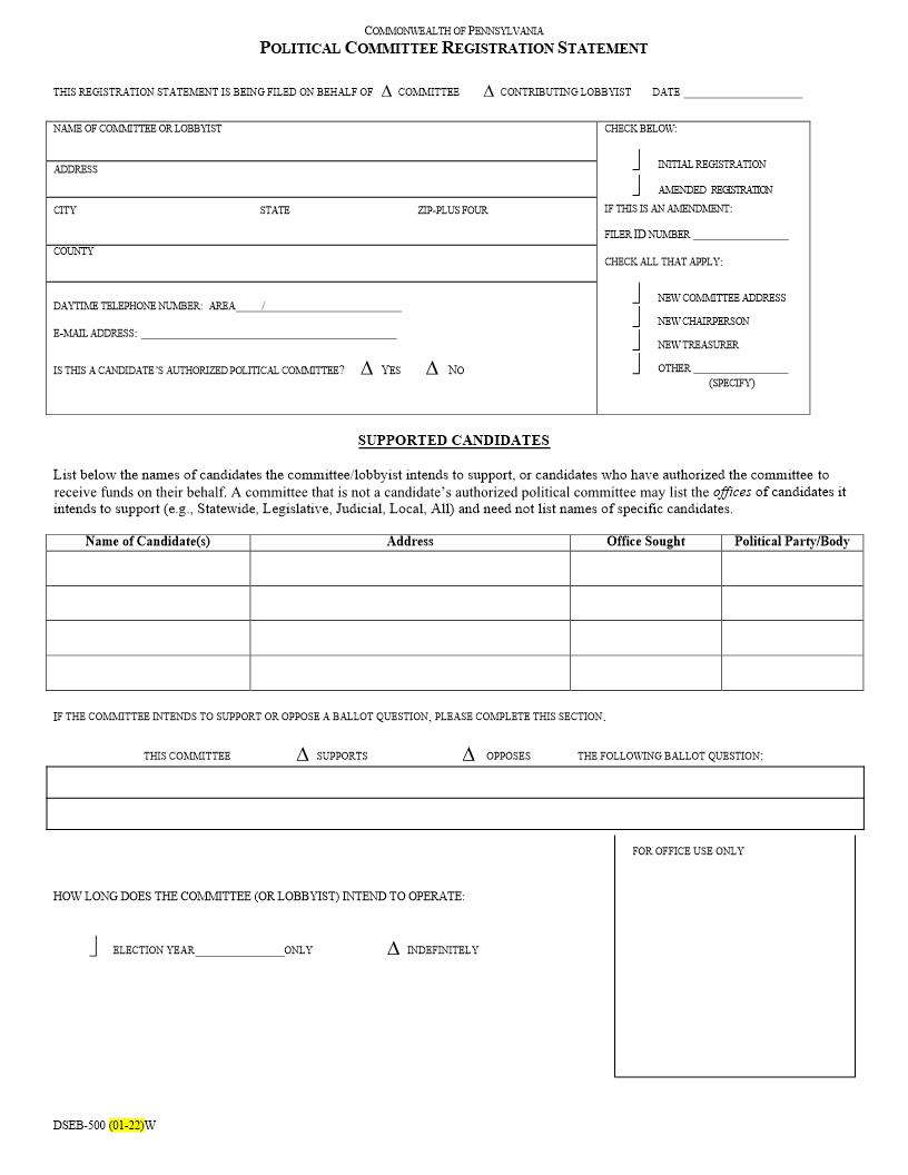 Political Committee Registration Statement | Pdf Fpdf Doc Docx | Pennsylvania
