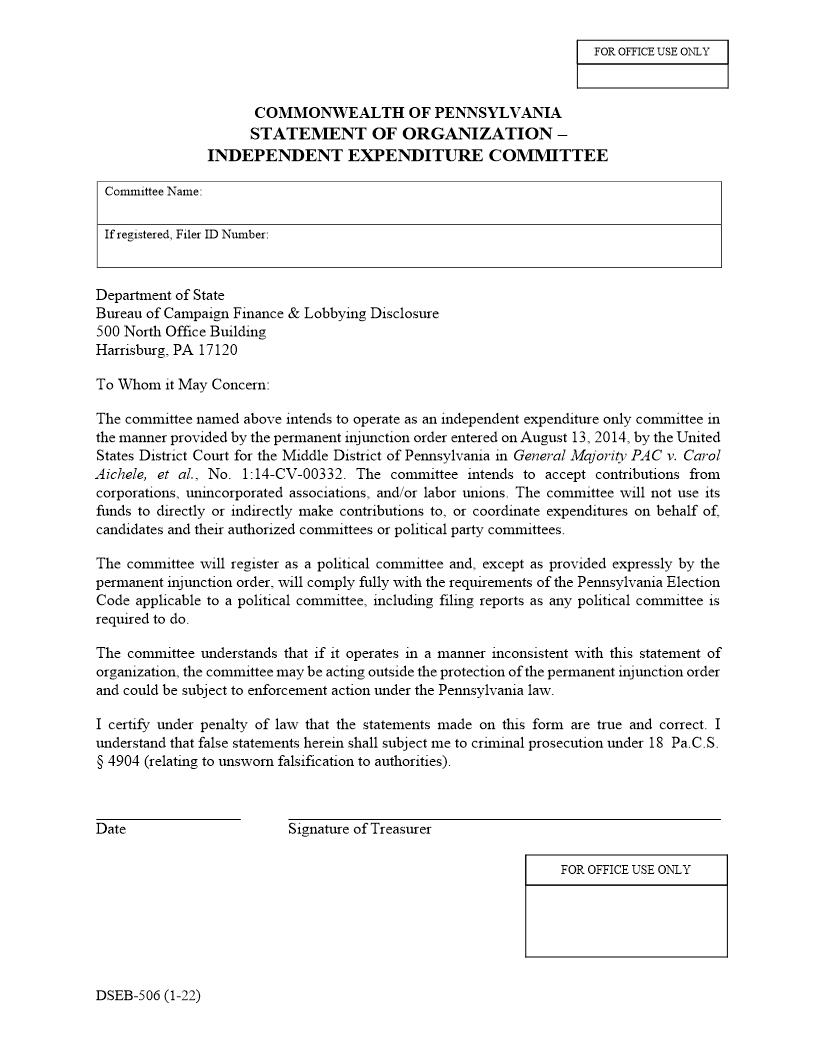 Statement Of Organization Independent Expenditure Committee | Pdf Fpdf Doc Docx | Pennsylvania