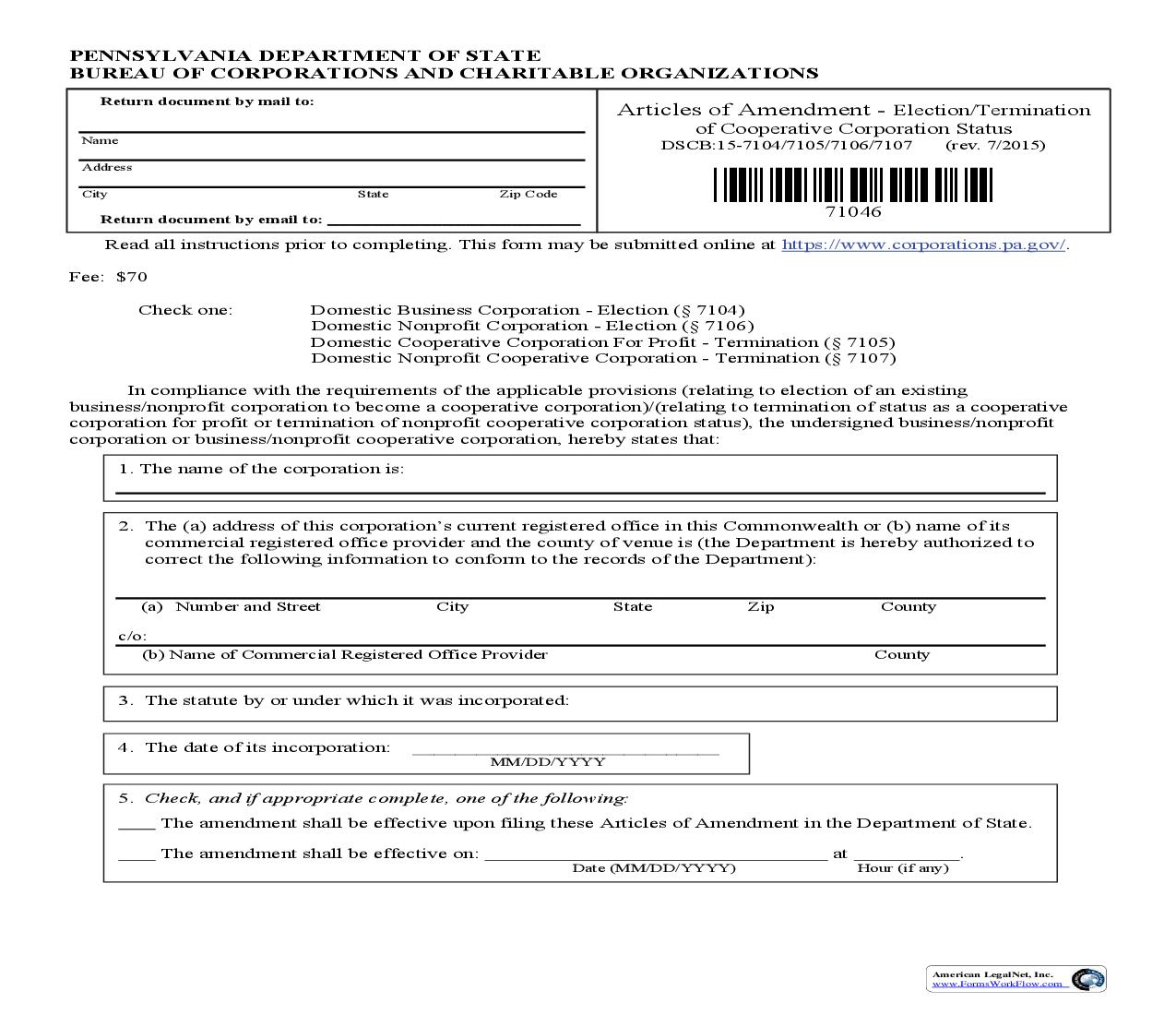 Articles Of Amendment Election Termination Of Cooperative Corporation Status {DSCB 15-7104-7107} | Pdf Fpdf Doc Docx | Pennsylvania