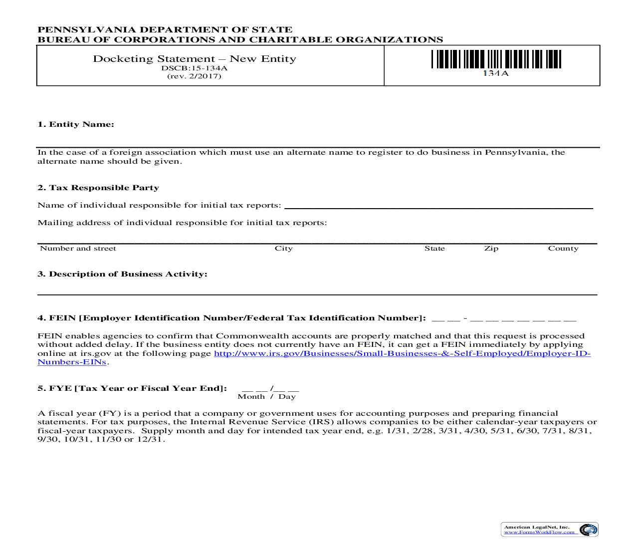Docketing Statement (New Entity) {DSCB 15-134A} | Pdf Fpdf Doc Docx | Pennsylvania