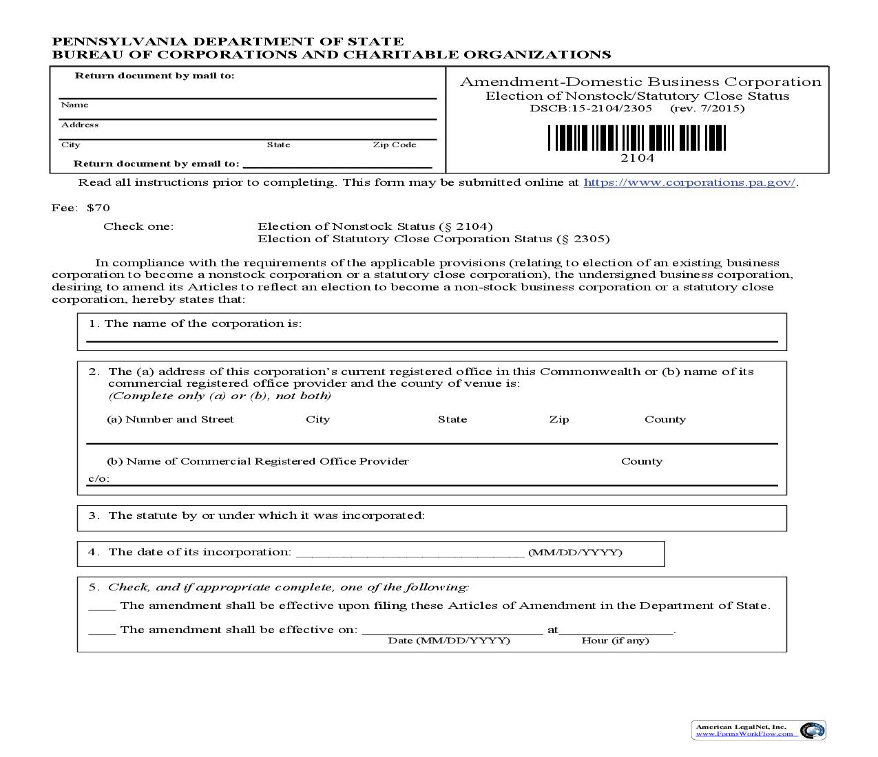 Amendment - Domestic Business Corporation Election Of Nonstock Statutory Close Status {DSCB 15-2104-2305} | Pdf Fpdf Doc Docx | Pennsylvania