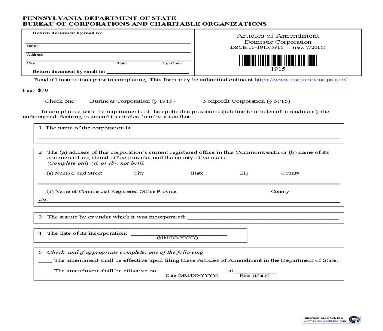 Articles Of Amendment - Domestic Corporation (Business Corporation Or Non-Profit Corporation) {DSCB 15-1915-5915} | Pdf Fpdf Doc Docx | Pennsylvania