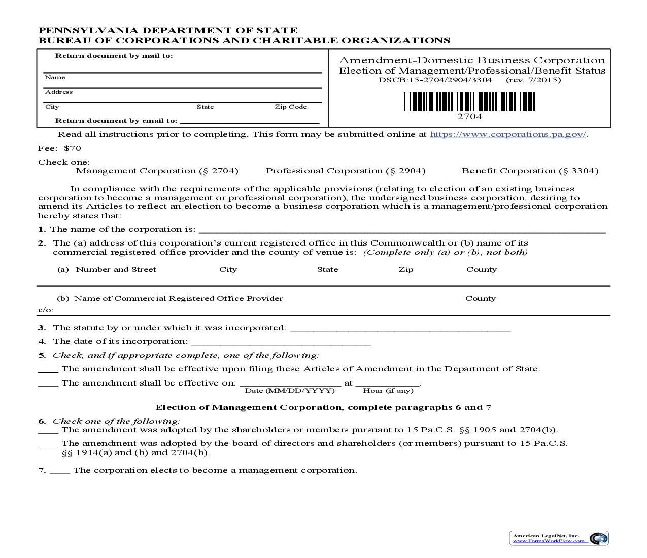 Articles Of Amendment Domestic Business Corporation Election Of Management Professional Corporation Status {DSCB 15-2704-2904} | Pdf Fpdf Doc Docx | Pennsylvania