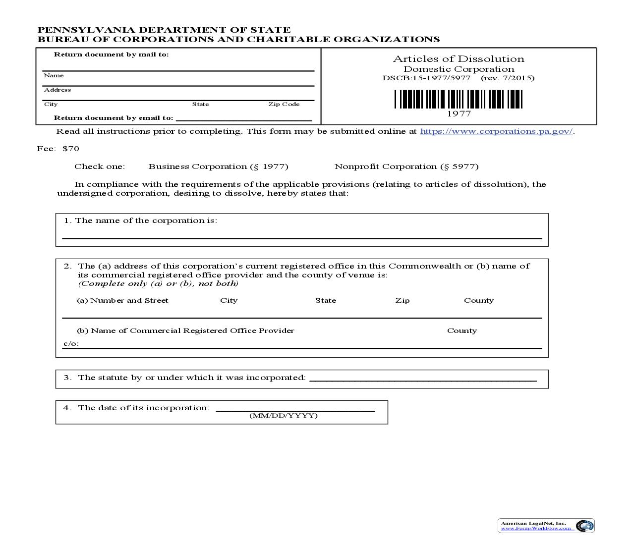 Articles Of Dissolution - Domestic {DSCB 15-1977-5977} | Pdf Fpdf Doc Docx | Pennsylvania