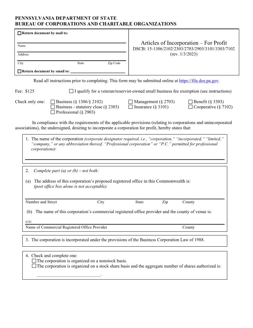 Articles Of Incorporation For Profit {DSCB 15-1306} | Pdf Fpdf Doc Docx | Pennsylvania