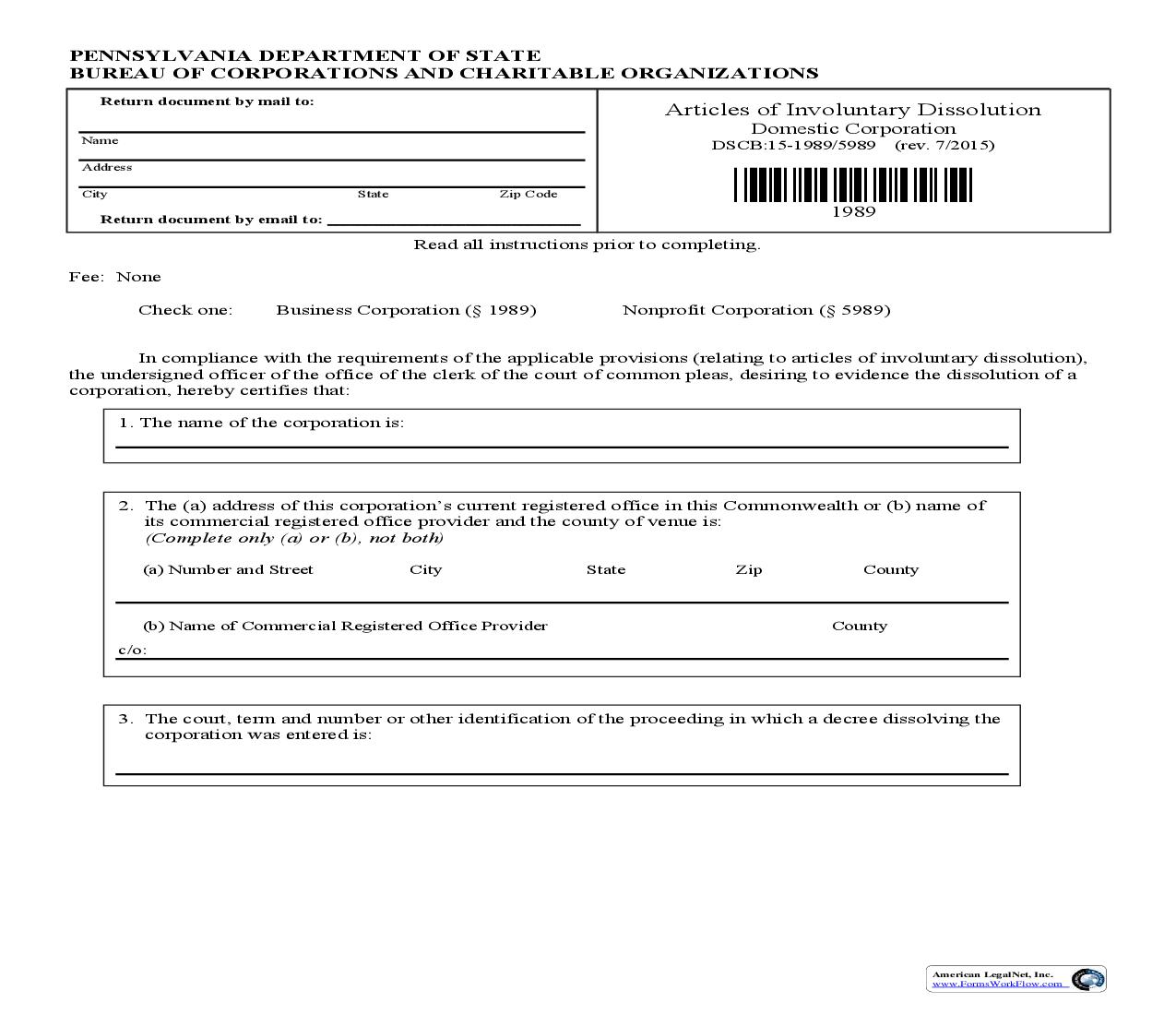 Articles Of Involuntary Dissolution - Domestic {DSCB 15-1989-5989} | Pdf Fpdf Doc Docx | Pennsylvania