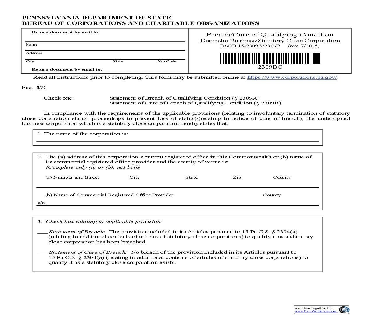 Breach Cure Of Qualifying Condition {DSCB 15-2309A} | Pdf Fpdf Doc Docx | Pennsylvania