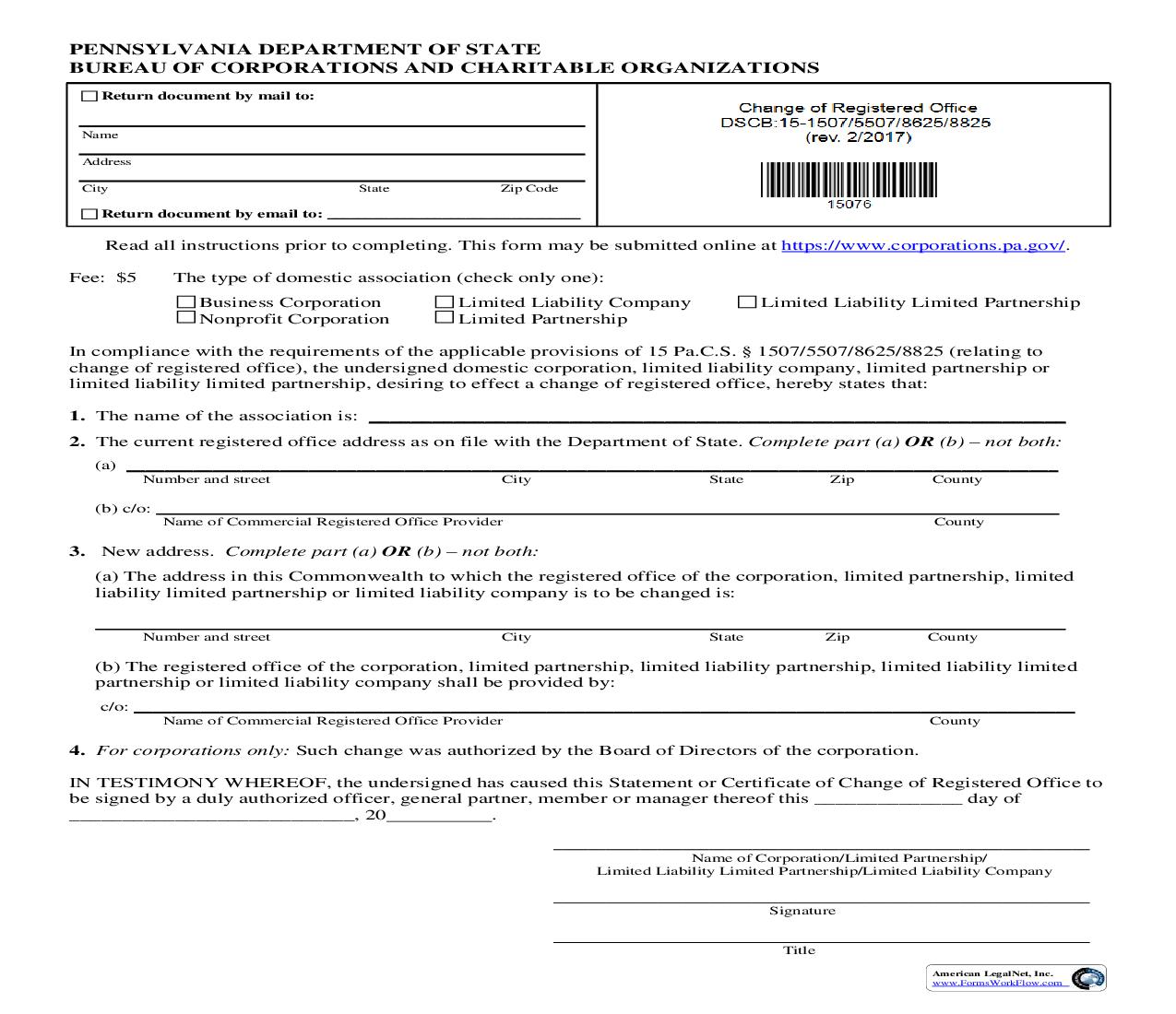 Change Of Registered Office {DSCB 15-1507} | Pdf Fpdf Doc Docx | Pennsylvania