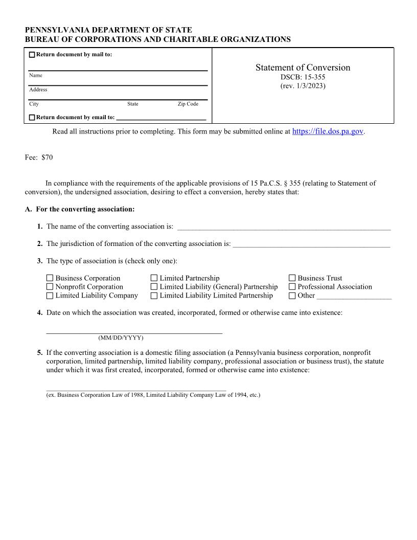 Statement Of Conversion {DSCB 15-355} | Pdf Fpdf Doc Docx | Pennsylvania