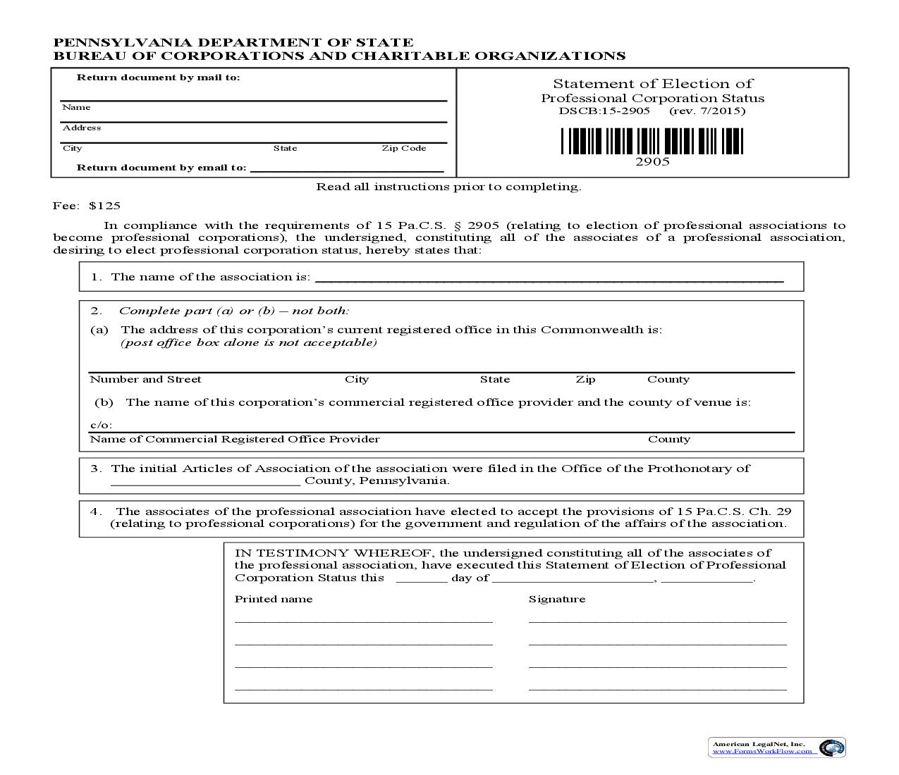 Statement Of Election Of Professional Corporation Status {DSCB 15-2905} | Pdf Fpdf Doc Docx | Pennsylvania