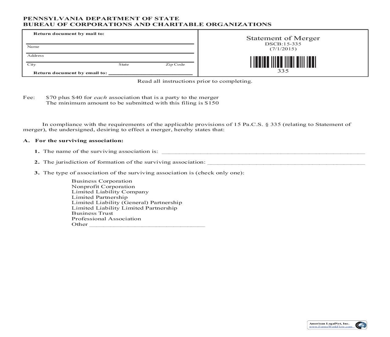 Statement Of Merger {DSCB 15-335} | Pdf Fpdf Doc Docx | Pennsylvania