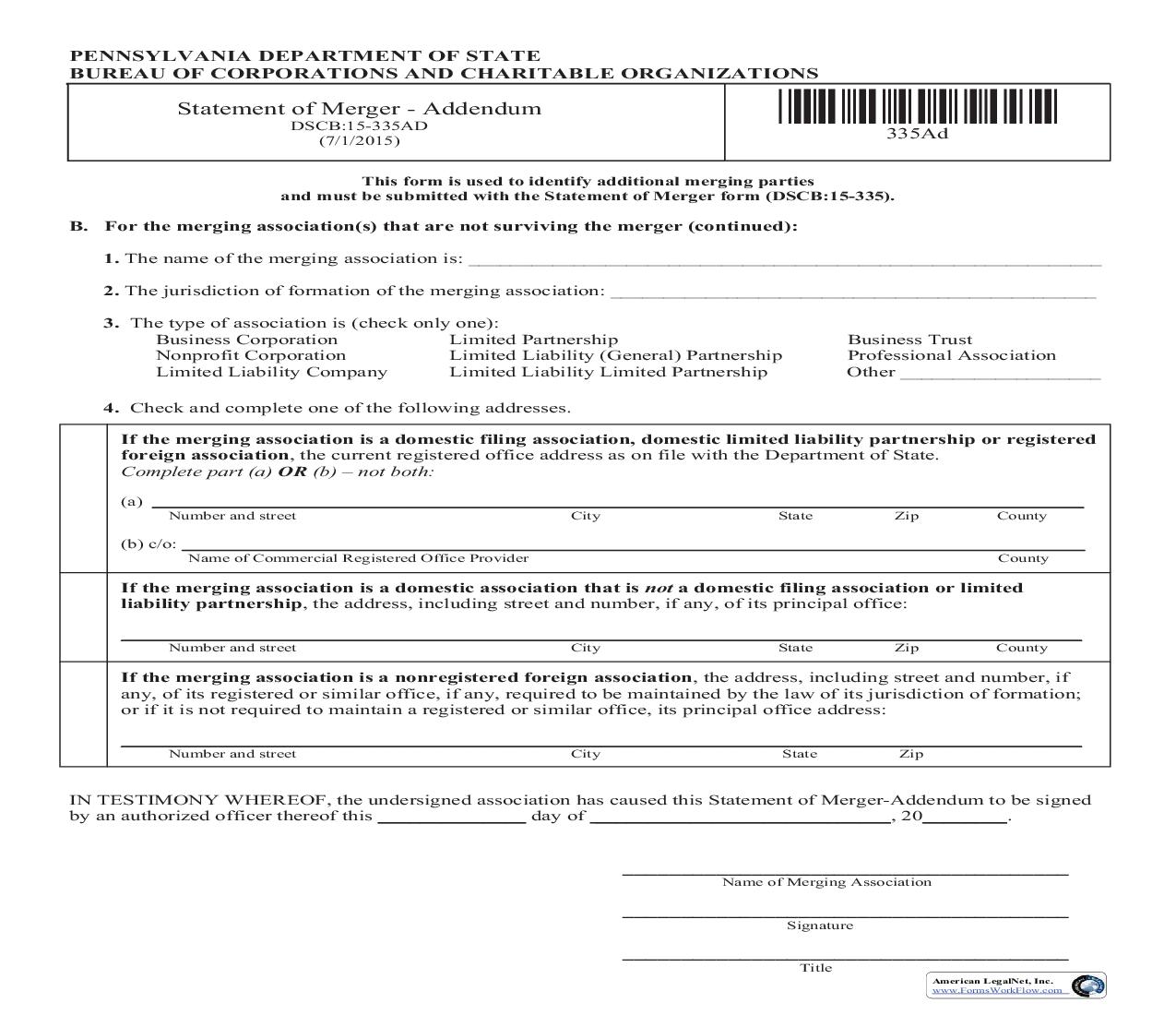 Statement Of Merger Addendum {DSCB 15-335AD} | Pdf Fpdf Doc Docx | Pennsylvania