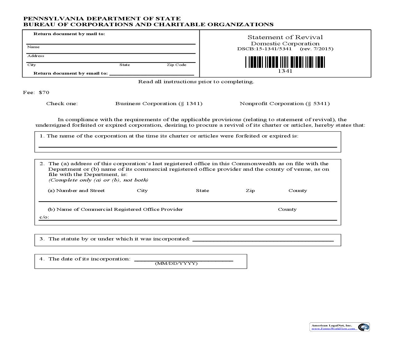 Statement Of Revival - Domestic Corporation) {DSCB 15-1341-5341} | Pdf Fpdf Doc Docx | Pennsylvania