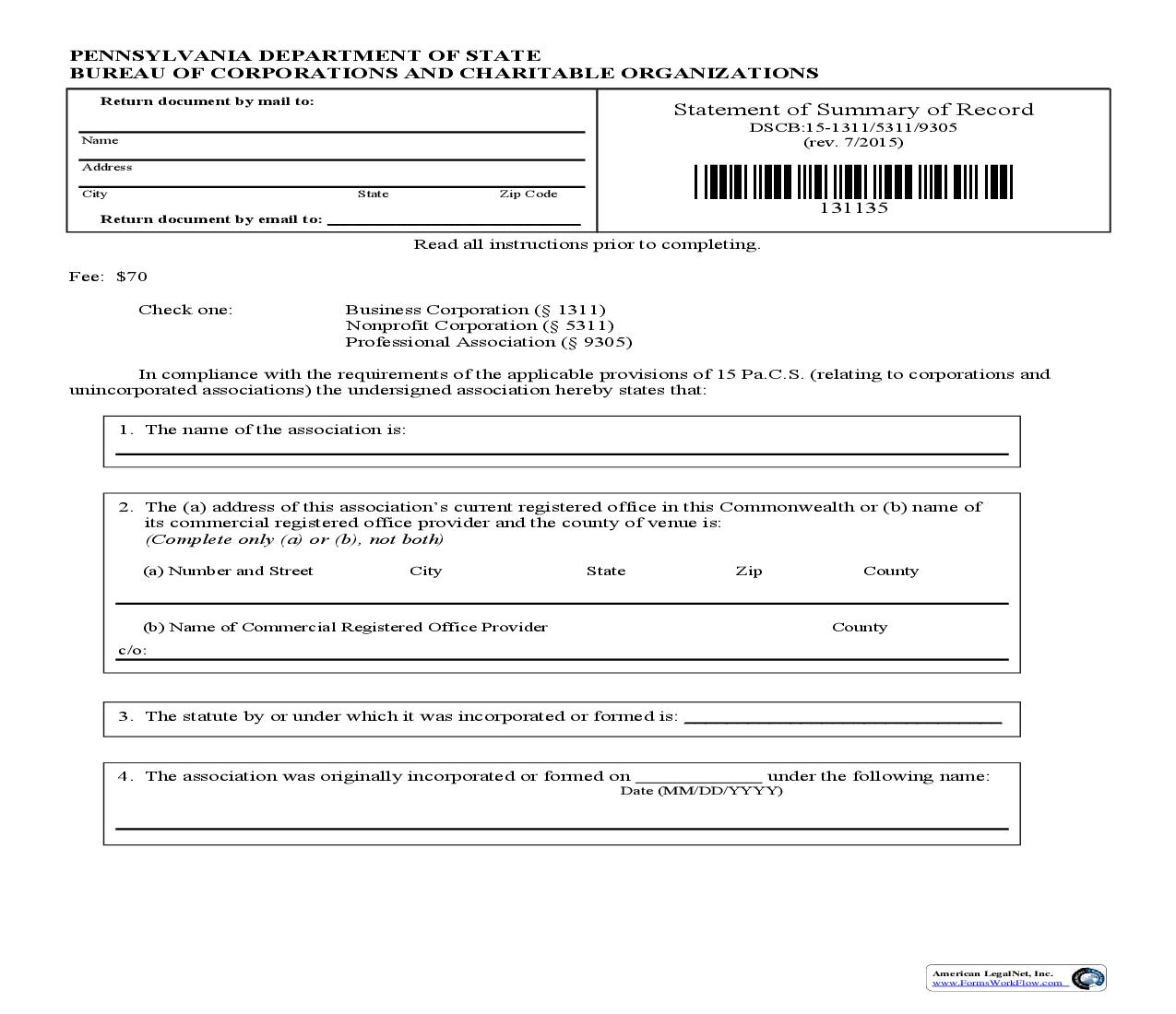 Statement Of Summary Of Record {DSCB 15-1311} | Pdf Fpdf Doc Docx | Pennsylvania