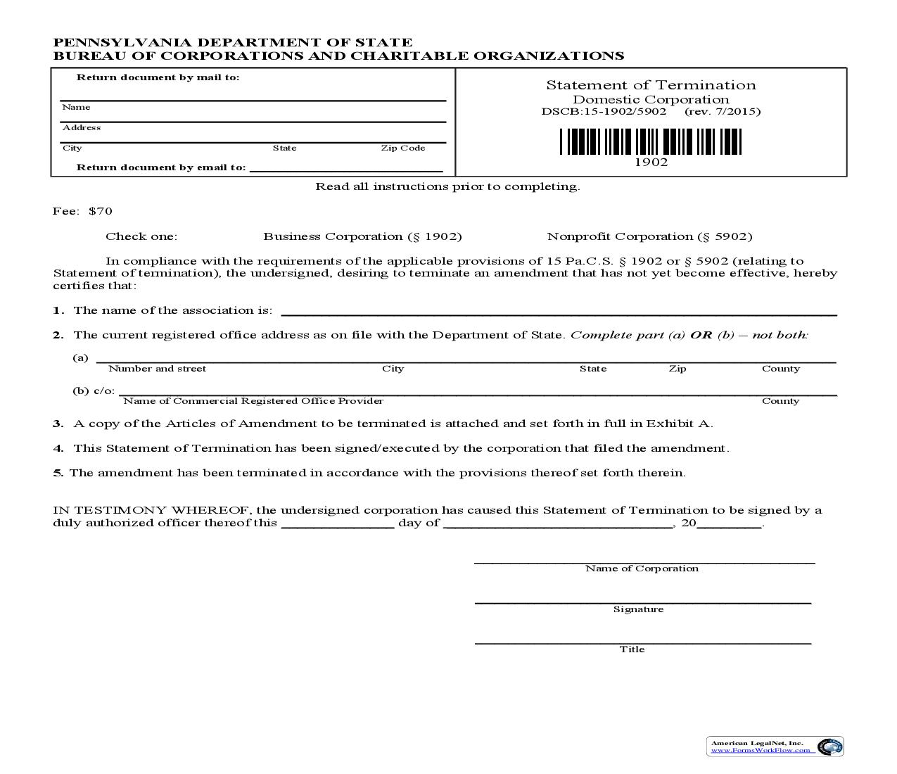 Statement Of Termination Domestic Corporation {DSCB 15-1902-5902} | Pdf Fpdf Doc Docx | Pennsylvania