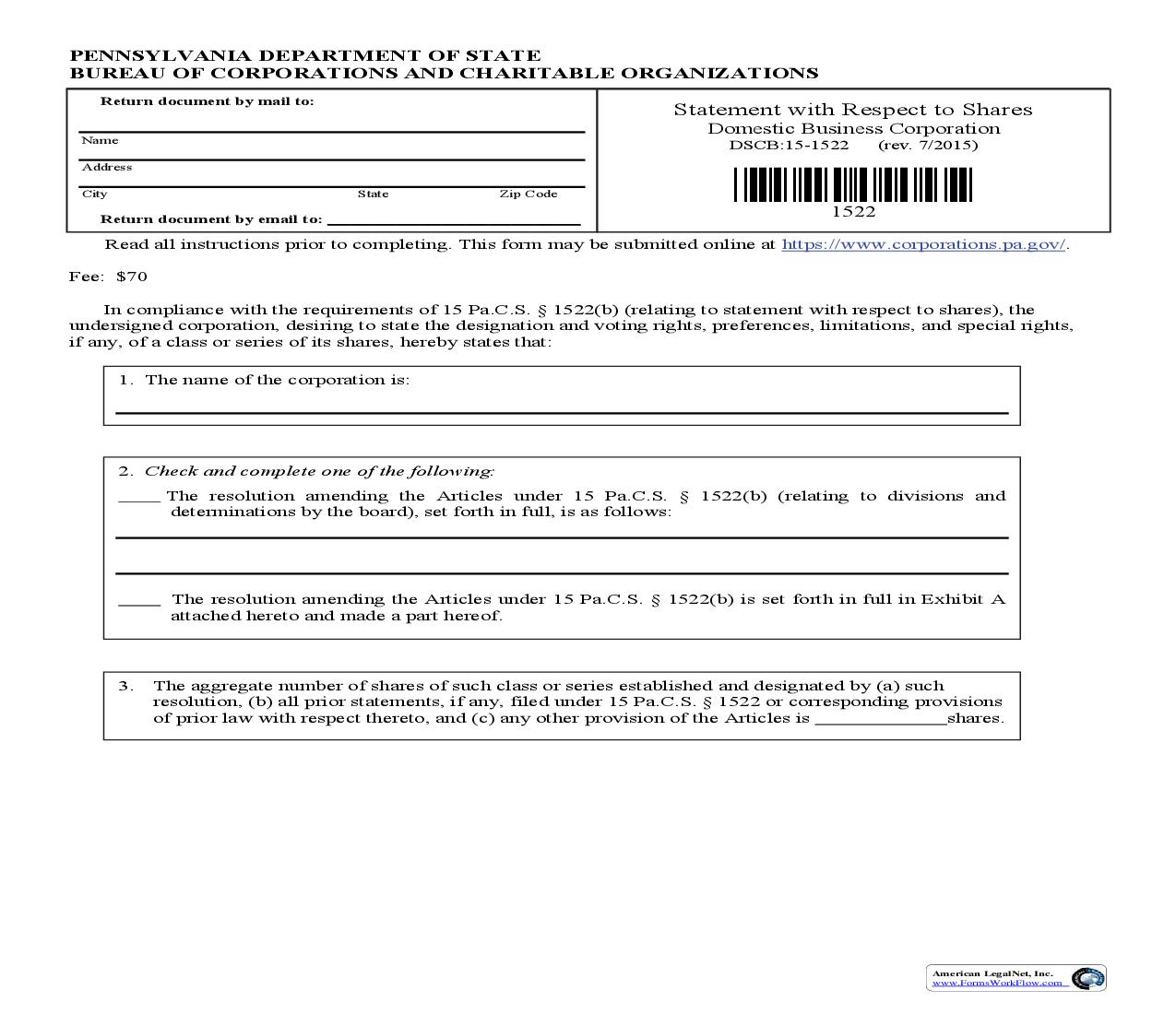 Statement With Respect To Shares Domestic Business Corporation {DSCB 15-1522} | Pdf Fpdf Doc Docx | Pennsylvania
