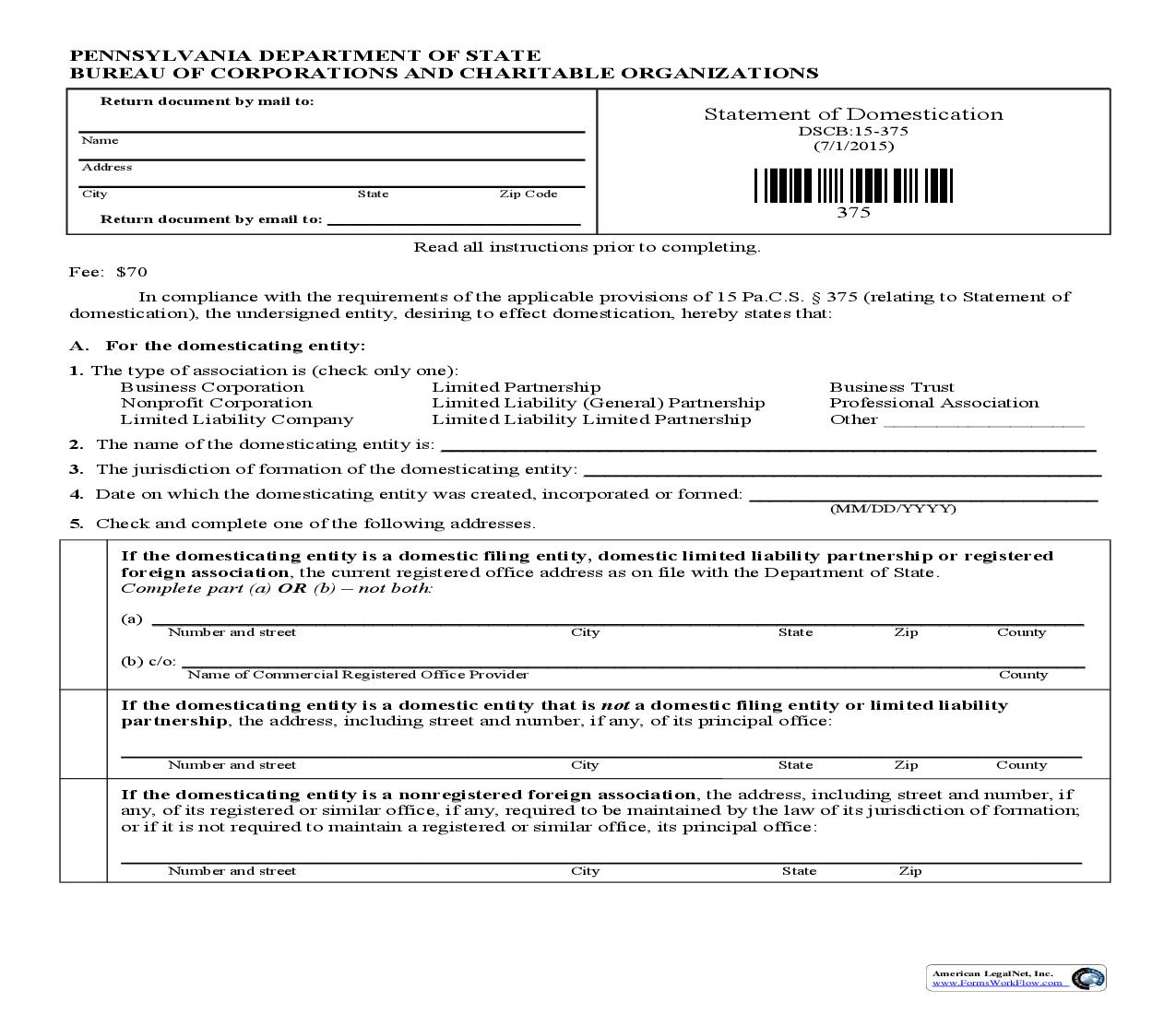 Statement of Domestication {DSCB 15-375} | Pdf Fpdf Doc Docx | Pennsylvania