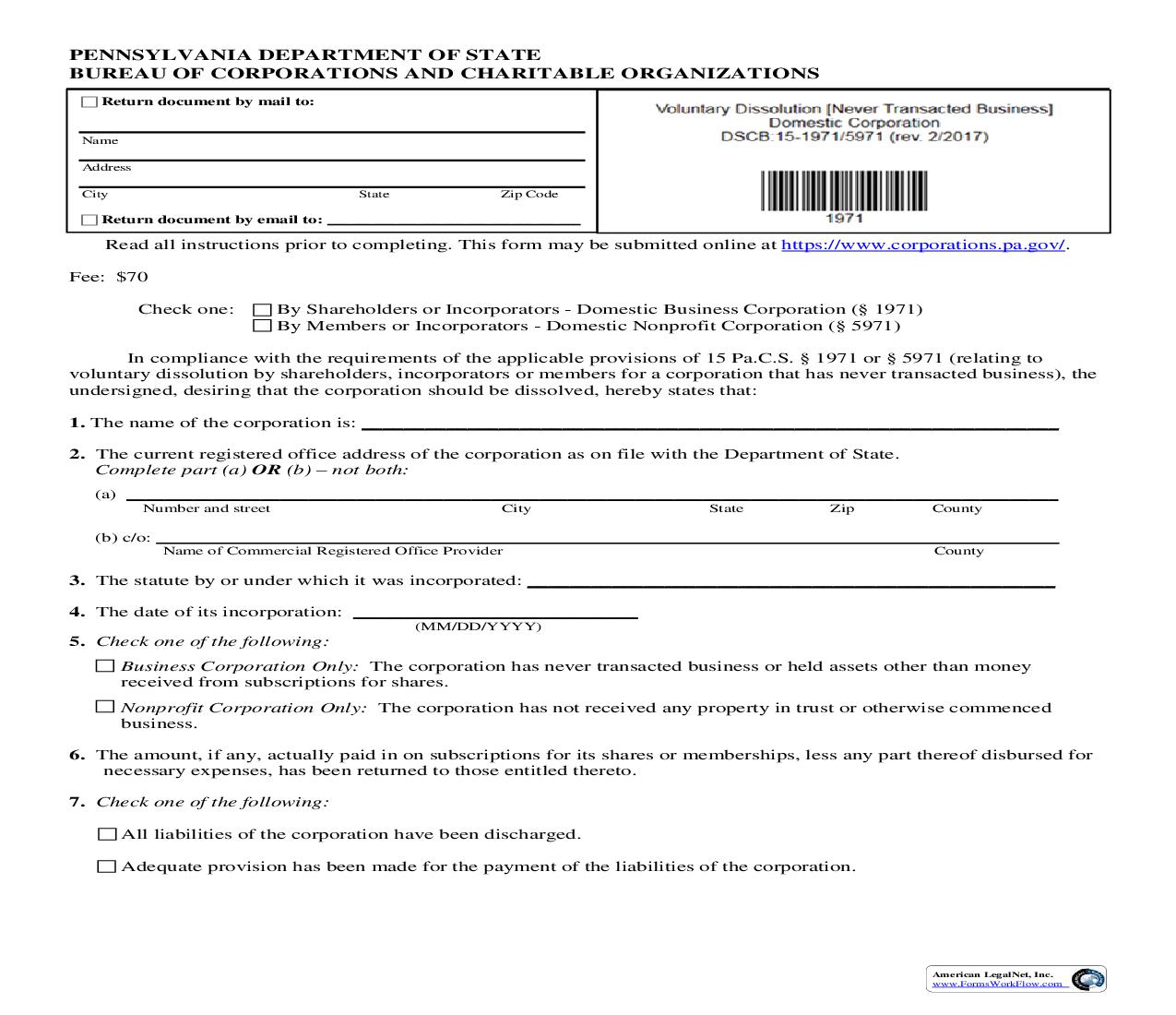 Voluntary Disolution (Never Transacted Business) Domestic Corporation {DSCB 15-1971-5971} | Pdf Fpdf Doc Docx | Pennsylvania