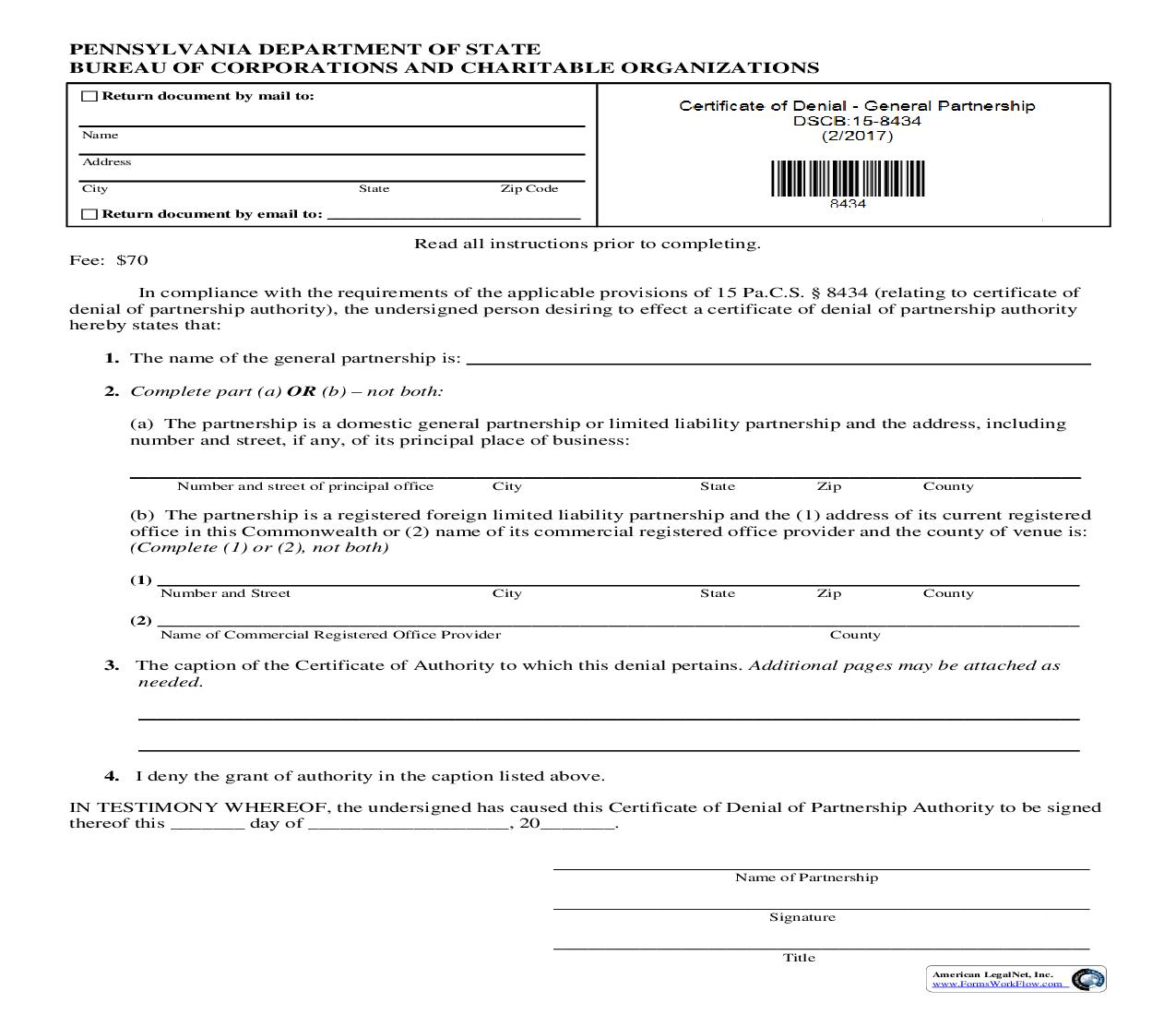 Certifiacte Of Denial General Partnership {DSCB 15-8434} | Pdf Fpdf Doc Docx | Pennsylvania