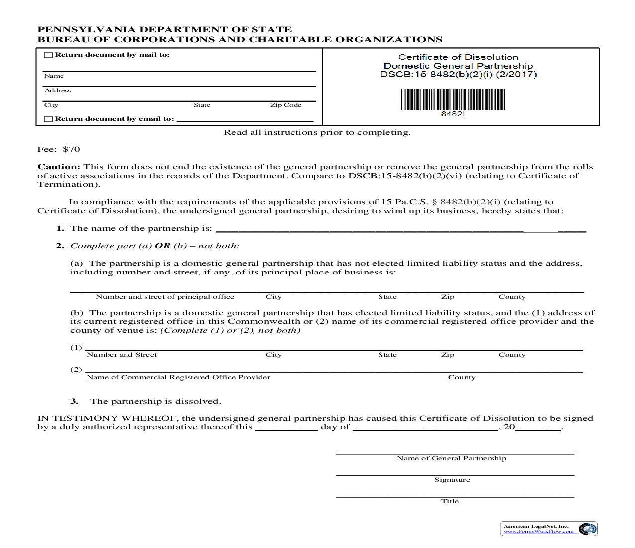 Certificate Of Dissolution Domestic General Partnership {DSCB 15-8482(b)(2)(i)} | Pdf Fpdf Doc Docx | Pennsylvania