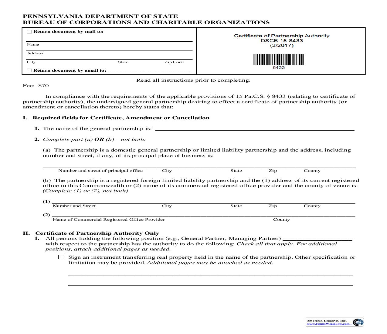 Certificate Of Partnership Authority {DSCB 15-8433} | Pdf Fpdf Doc Docx | Pennsylvania