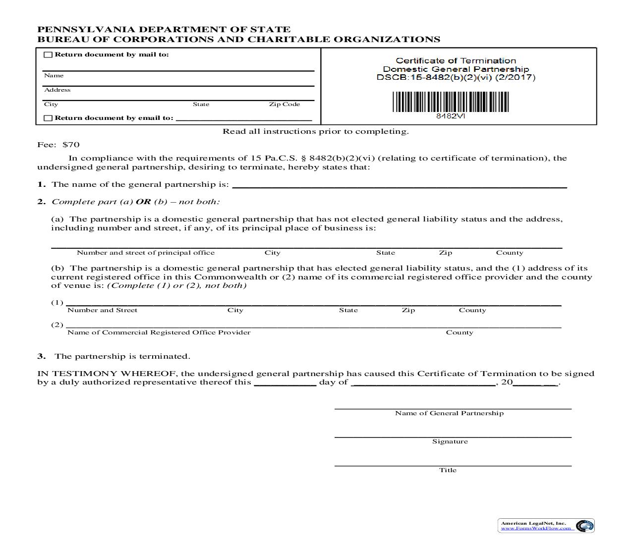 Certificate Of Termination Domestic General Partnership {DSCB 15-8482(b)(2)(vi)} | Pdf Fpdf Doc Docx | Pennsylvania
