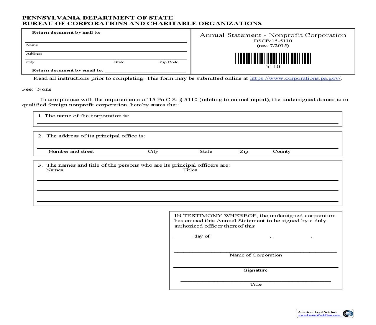 Annual Statement Nonprofit Corporation {DSCB 15-5110} | Pdf Fpdf Doc Docx | Pennsylvania