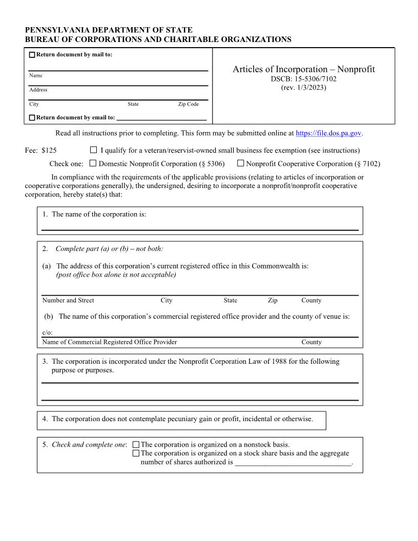 Articles Of Incorporation Nonprofit {DSCB 15-5306-7102} | Pdf Fpdf Doc Docx | Pennsylvania