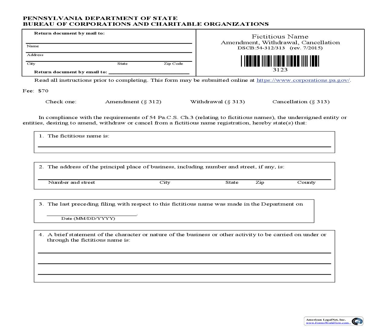 Fictitious Name Amendment Withdrawal Cancellation {DCSB 54-312} | Pdf Fpdf Doc Docx | Pennsylvania