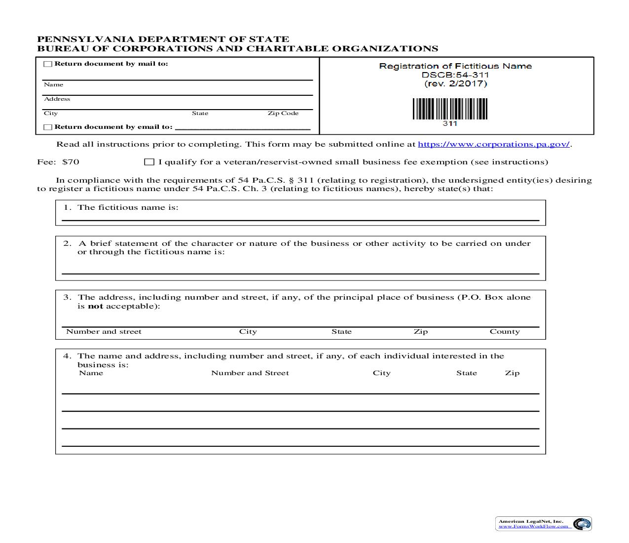 Registration Of Fictitious Name {DSCB 54-311} | Pdf Fpdf Doc Docx | Pennsylvania