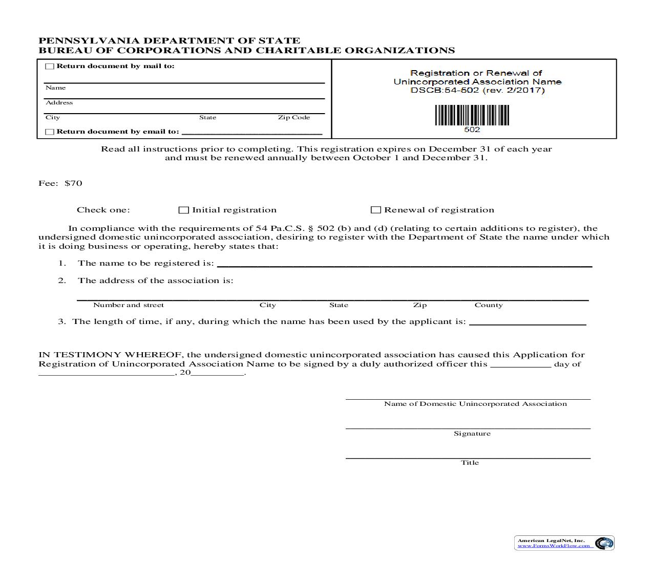 Registration Of Unincorporated Association Name {DSCB 54-502} | Pdf Fpdf Doc Docx | Pennsylvania