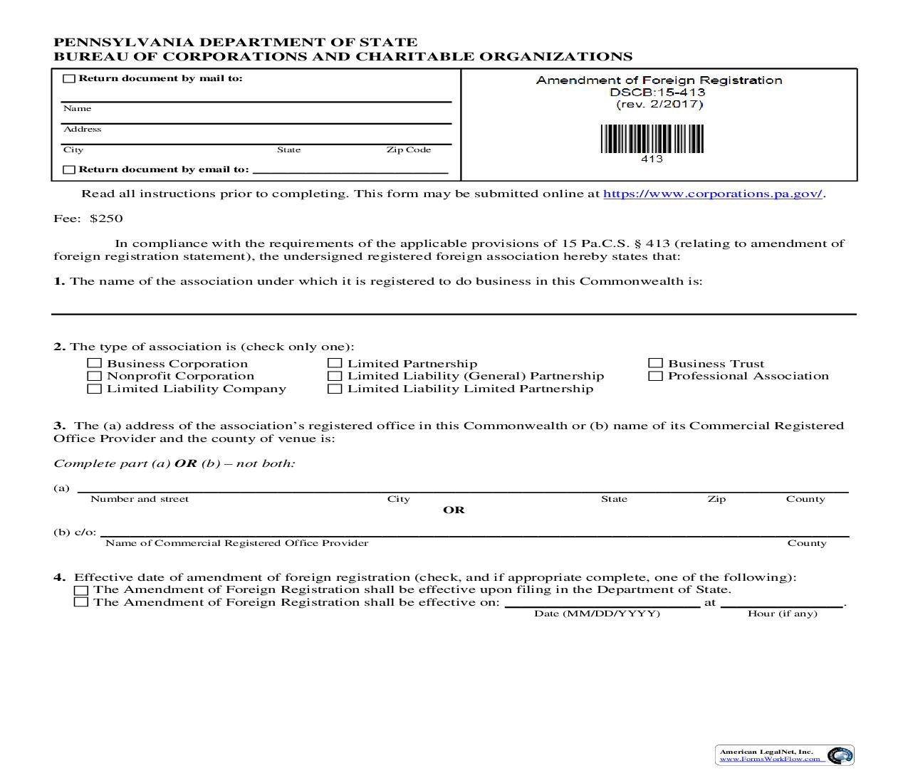 Amendment Of Foreign Registration {DSCB 15-413} | Pdf Fpdf Doc Docx | Pennsylvania