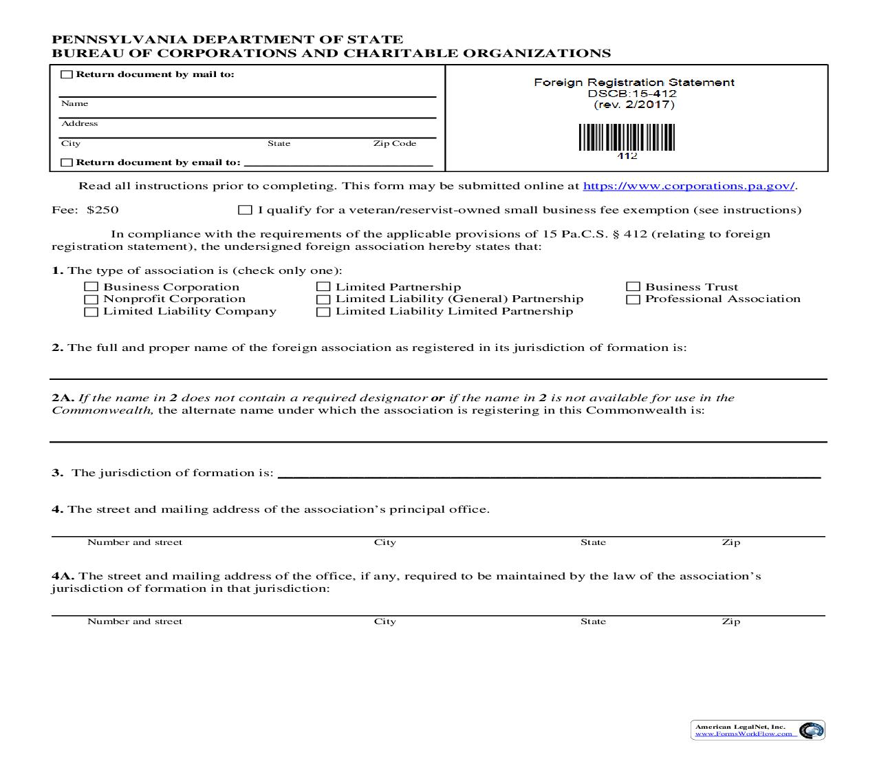 Foreign Registration Statement {DSCB 15-412} | Pdf Fpdf Doc Docx | Pennsylvania