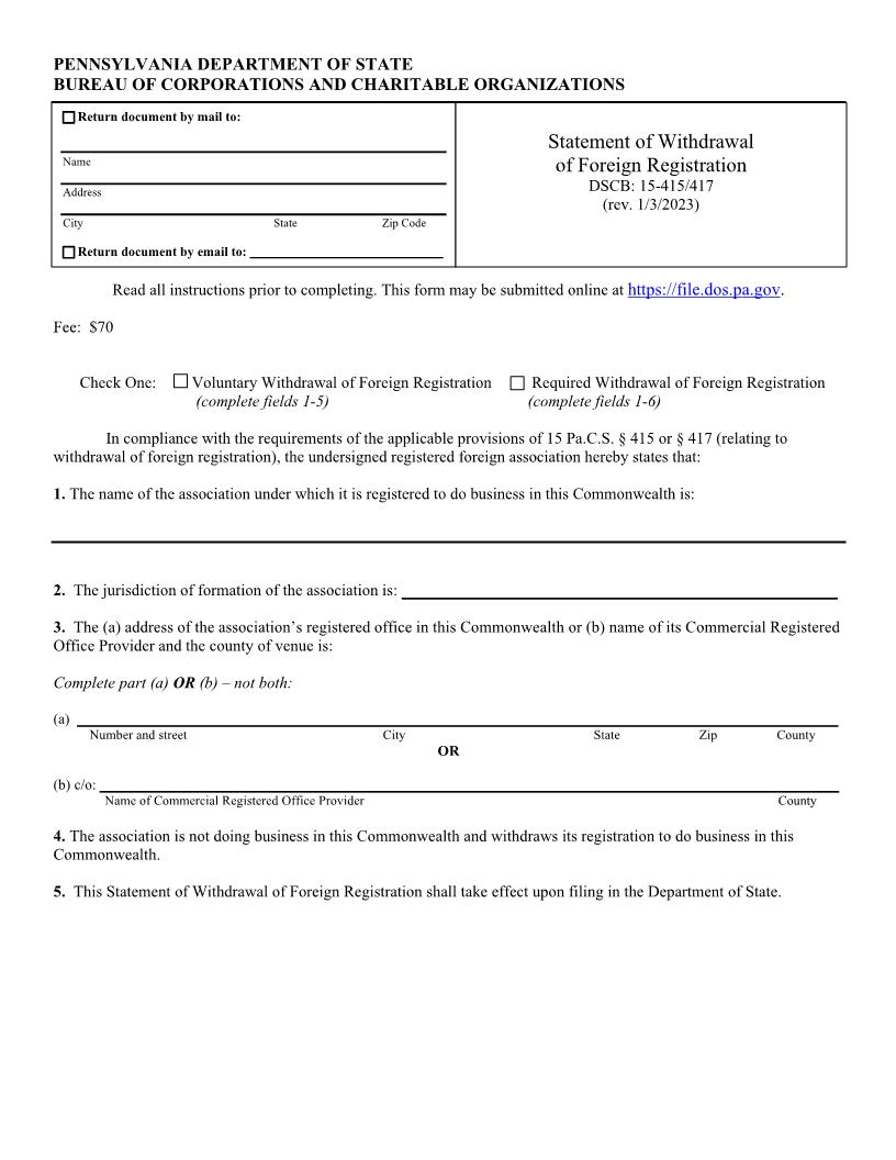 Statement Of Withdrawal Of Foreign Registration {DSCB 15-415-417} | Pdf Fpdf Docx | Pennsylvania