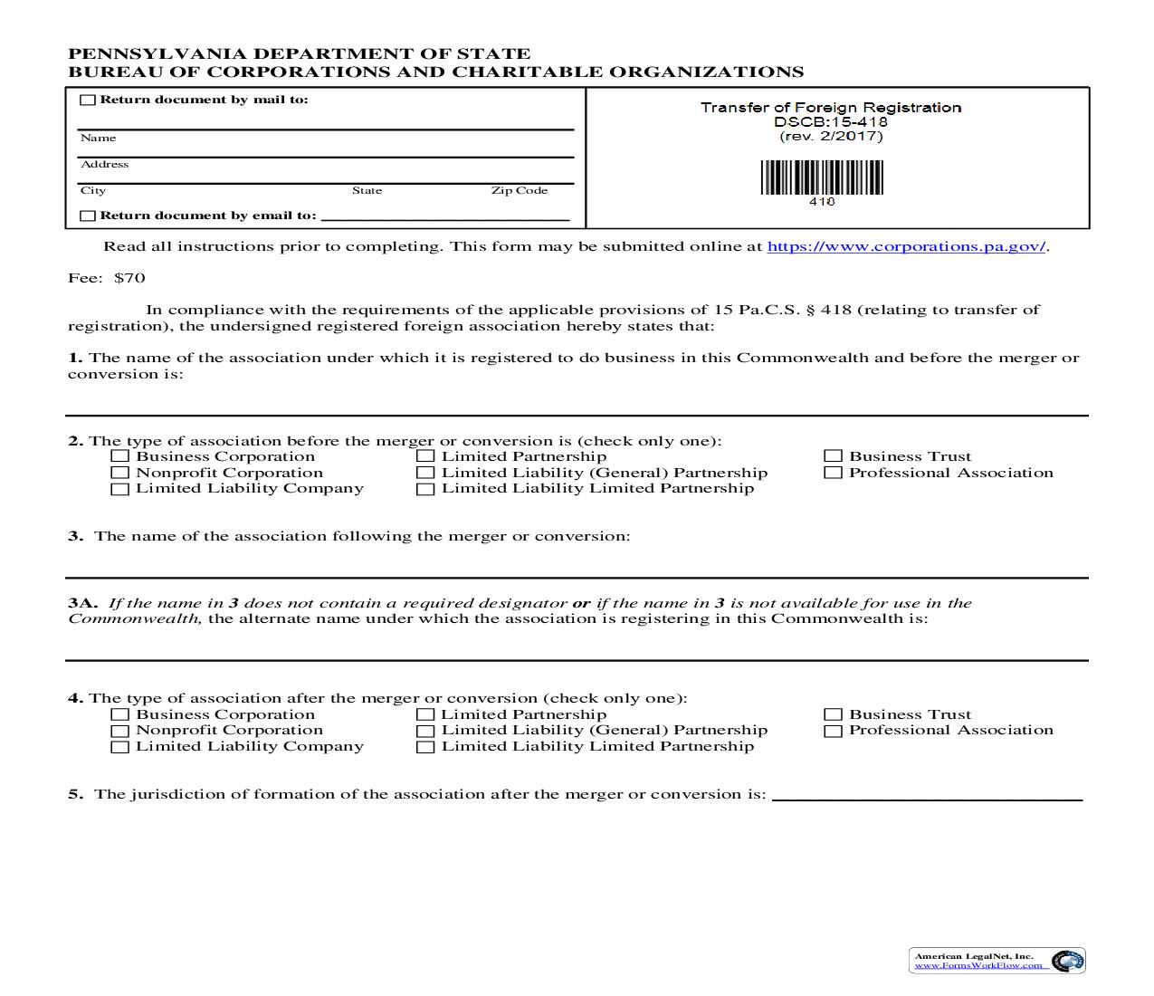 Transfer Of Foreign Registration {DSCB 15-418} | Pdf Fpdf Doc Docx | Pennsylvania