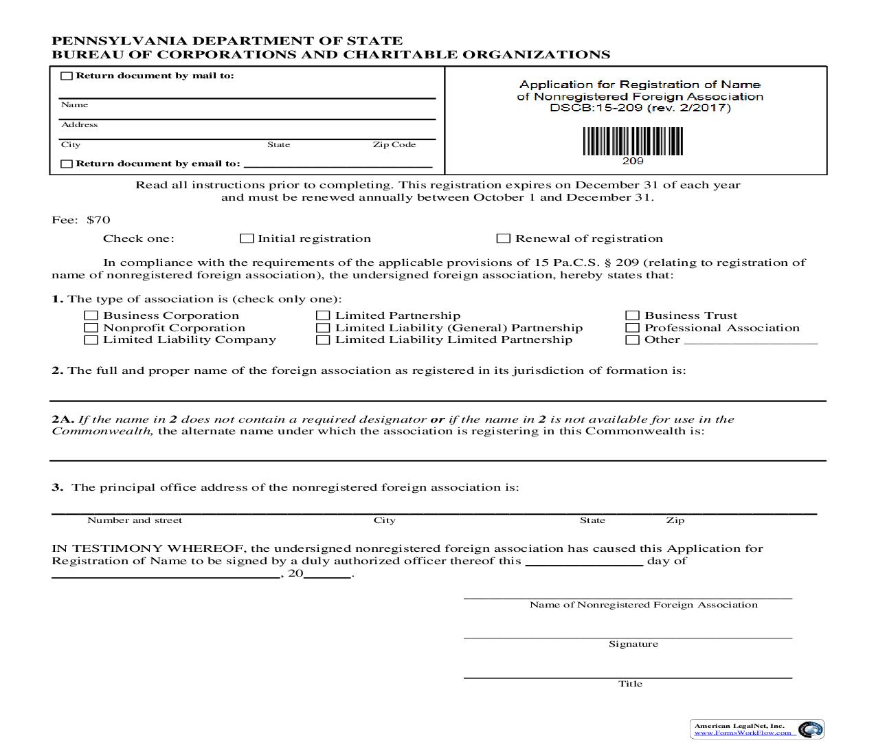 Application For Registration Of Name Of Nonregistered Foreign Association {DSCB 15-209} | Pdf Fpdf Doc Docx | Pennsylvania