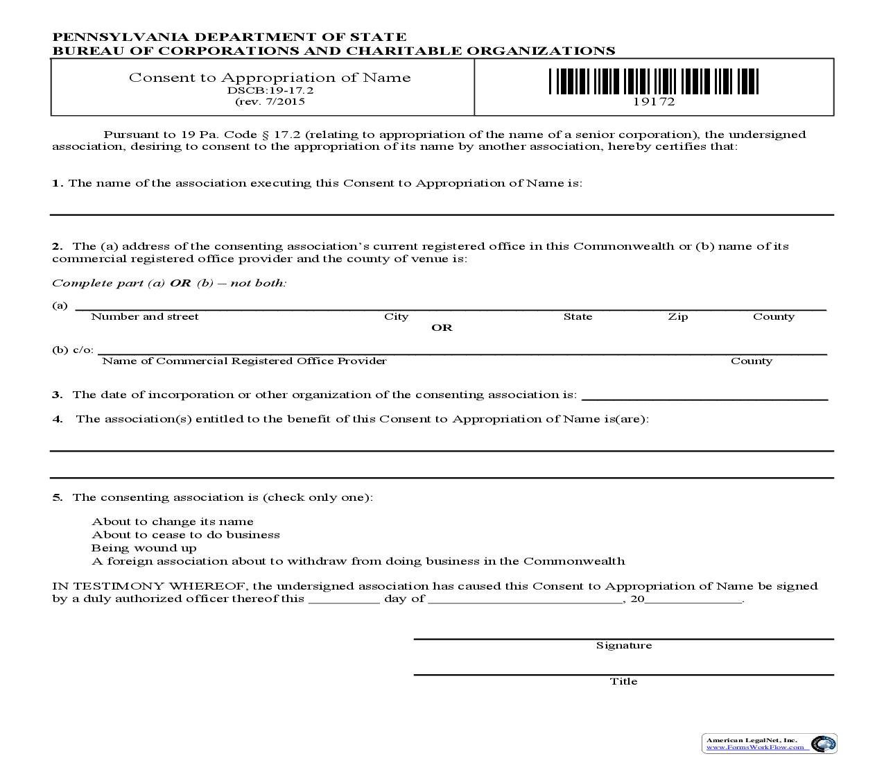 Consent To Appropriation Of Name {DSCB 19-17.2} | Pdf Fpdf Doc Docx | Pennsylvania