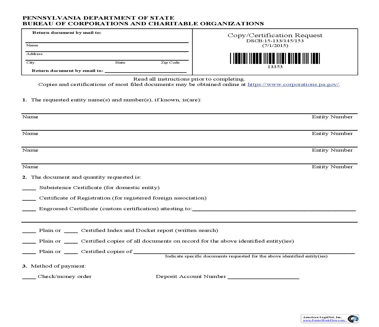 Copy Certification Request {DSCB 15-133, 145, 153} | Pdf Fpdf Doc Docx | Pennsylvania