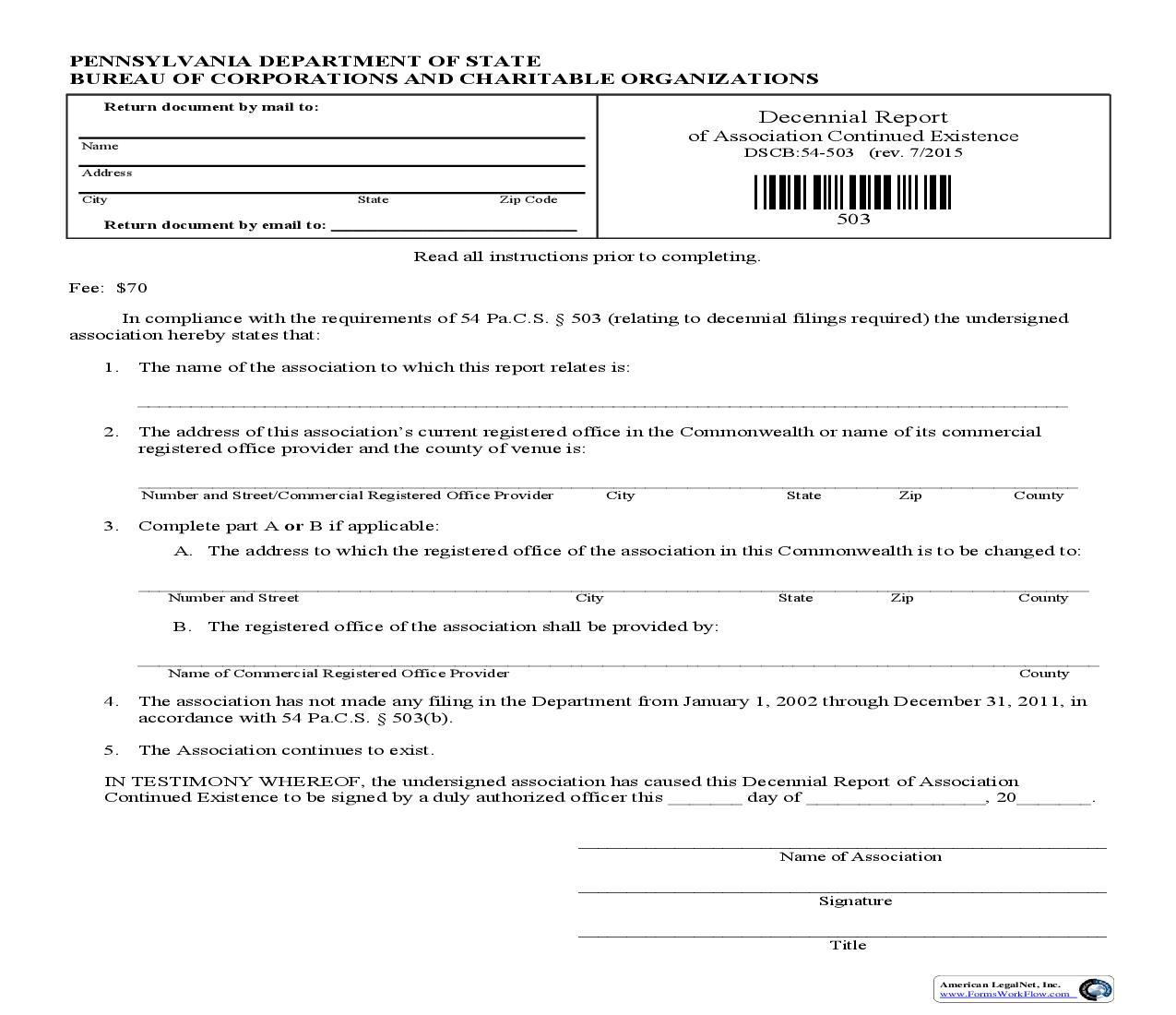 Decennial Report Of Association Continued Existence {DSCB 54-503} | Pdf Fpdf Doc Docx | Pennsylvania